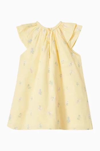 فستان بوني مطرز بزهور مزيج قطن وكتان