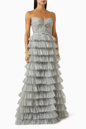 فستان سهرة اليكسندرا بطبقات متعددة تول مزين بالغليتر