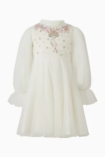 فستان روزي بأشرطة تول