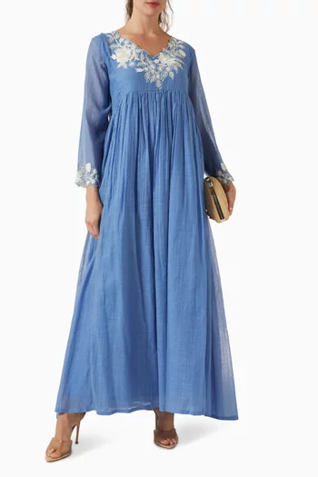 فستان آيريس طويل مزين بتطريزات قطن وحرير