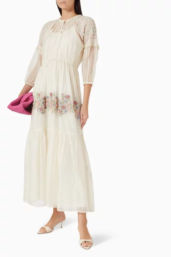 فستان فيرونيكا طويل مزين بنقشة حرير وقطن