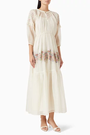 فستان فيرونيكا طويل مزين بنقشة حرير وقطن