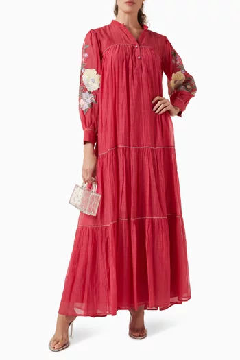 فستان فيولت طويل ومطرز قطن وحرير