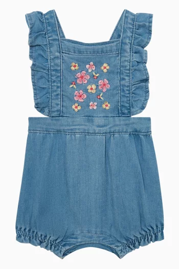 Floral Embroidered Romper in Denim