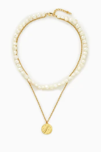 قلادة سيلو بتصميم طبقتين مرصعة باللؤلؤ برونز مطلي ذهب عيار 18