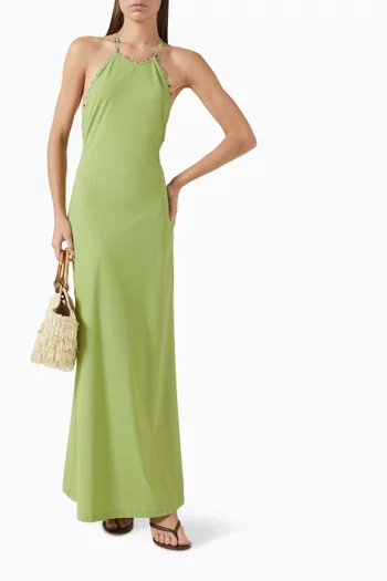 فستان بيتش بأربطة حول الرقبة ومطرز بأحجار كوارتز ليكرا