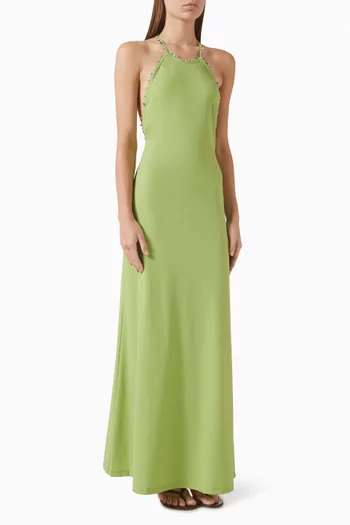 فستان بيتش بأربطة حول الرقبة ومطرز بأحجار كوارتز ليكرا