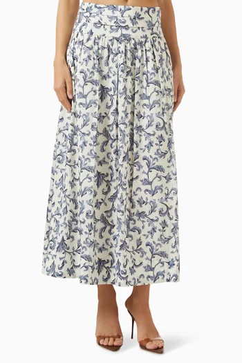 Rue Floral-print Midi Skirt in Linen-silk