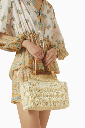 Fringed Beach Basket Bag in Woven Straw