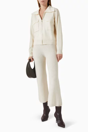 Collared Zip-up Cardigan in Plain-knit