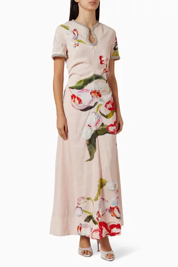 فستان يوفورد مطرز مزيج كتان