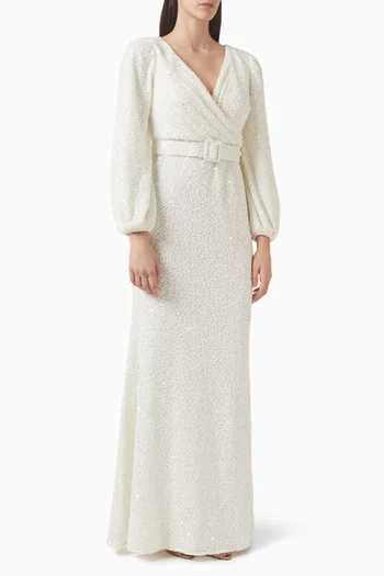 Sequin-embellished Belted Gown