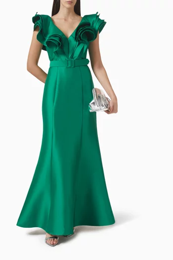 Ruffled-neckline Gown in Mikado