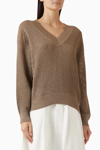V-neck Rib-knit Sweater in Cotton Blend