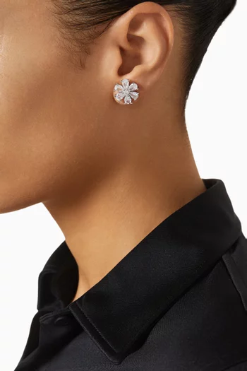 CZ Flower Cluster Stud Earrings in Rhodium-plated Brass