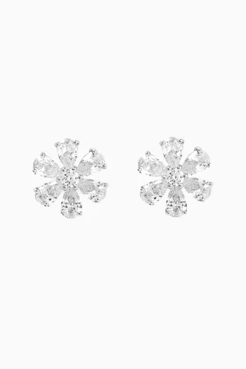 CZ Flower Cluster Stud Earrings in Rhodium-plated Brass
