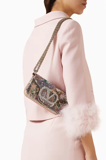 حقيبة كتف لوكو صغيرة نسيج مموج مطرز بالكريستال