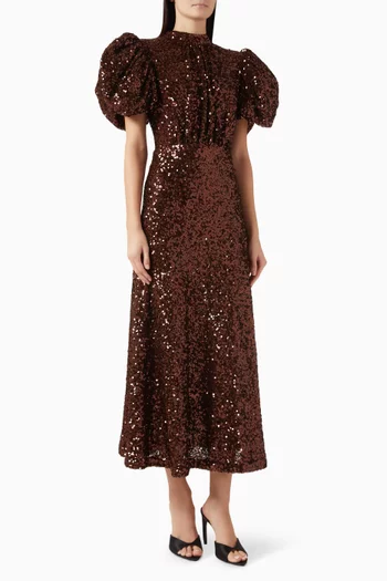 فستان متوسط الطول مطرز بترتر