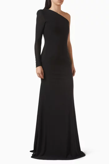 فستان بفتحة رقبة بكتف مكشوف وصدرية بنمط مشد قماش شبكي