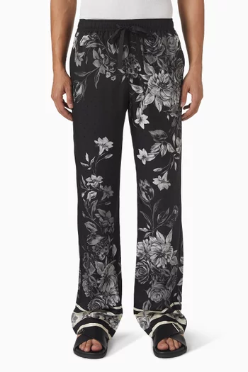 Floral Bouquet-print Pants in Silk Jacquard-twill