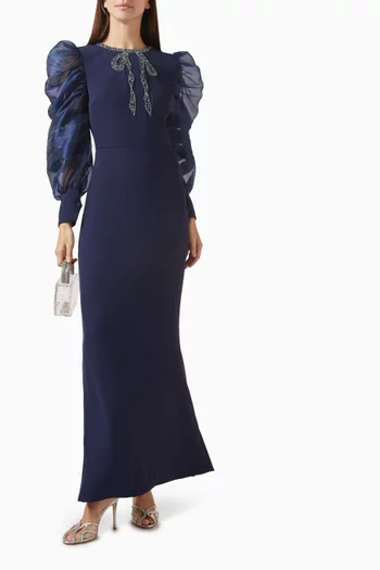 Embroidered-bow Dress in Crepe & Organza