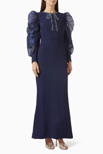 Embroidered-bow Dress in Crepe & Organza