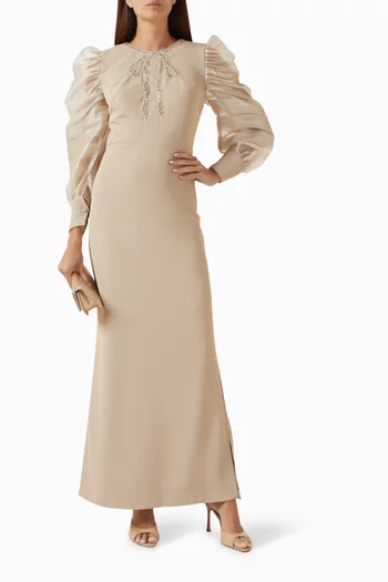 Embroidered-bow Dress in Crepe & Organza
