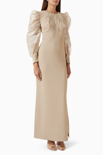 Embroidered-bow Dress in Crepe & Organza