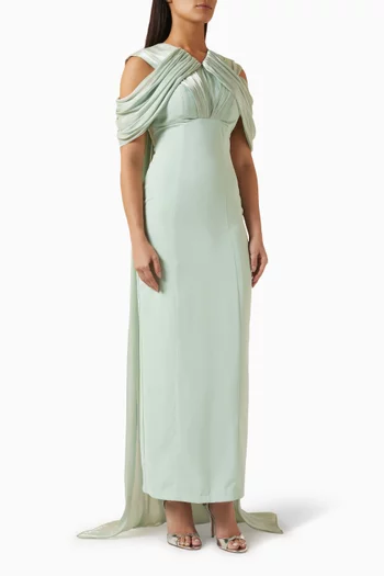Cold-shoulder Train Dress in Crepe & Organza