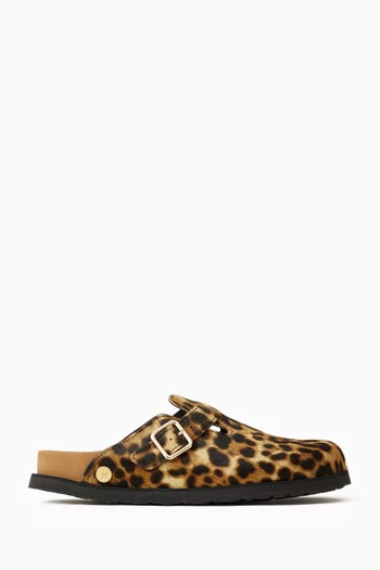 Boston Big Buckle Leopard Mules in Pony Hair
