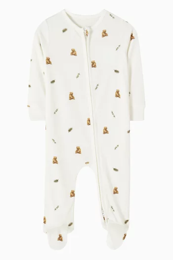 بيجاما قطعة واحدة بسحاب ونقشة دب بني قطن وبامبو