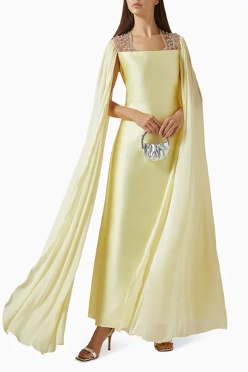 Embroidered Neckline Maxi Dress in Satin