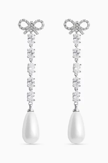 Bow Pearl Droplet Earrings in Silver-plated Brass