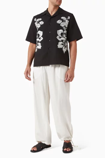 Embroidered Peonies Bowling Shirt in Cotton