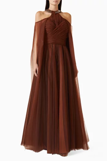 فستان سهرة بأكتاف مكشوفة تول