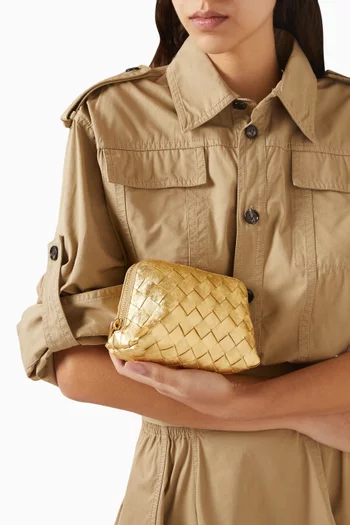 حافظة مستحضرات تجميل صغيرة جلد مجدول بملمس ستان