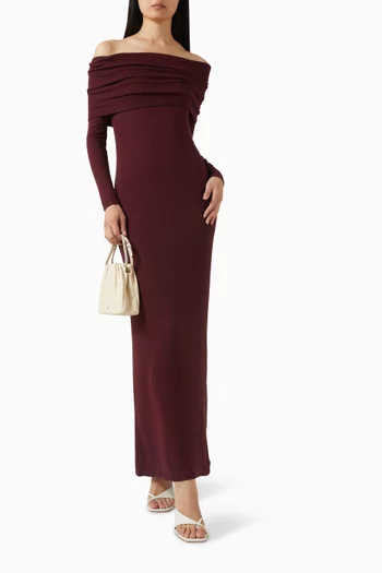 Off-shoulder Fluid Dress in Rib Silk