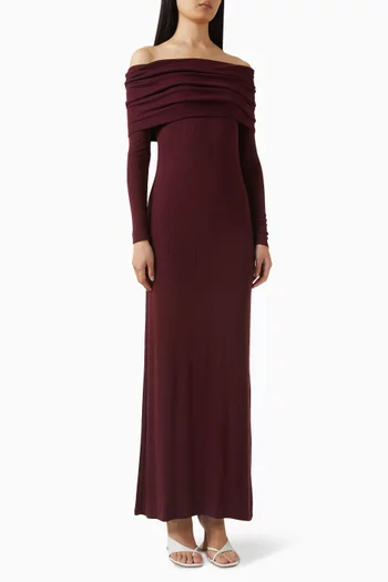 Off-shoulder Fluid Dress in Rib Silk