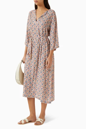 فستان متوسط الطول بنقشة أوراق شجر هندسية فيسكوز