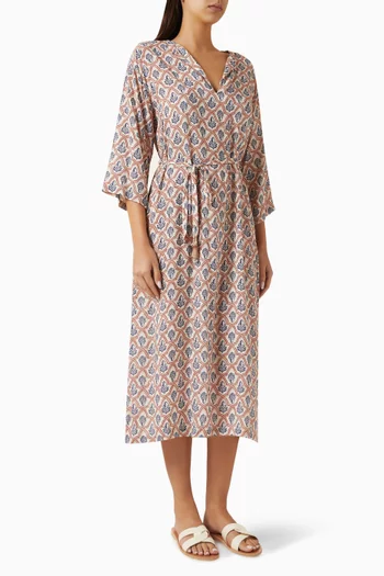 فستان متوسط الطول بنقشة أوراق شجر هندسية فيسكوز