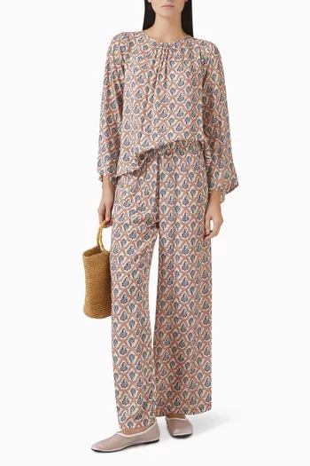 بنطال بنقشة أوراق شجر هندسية فيسكوز