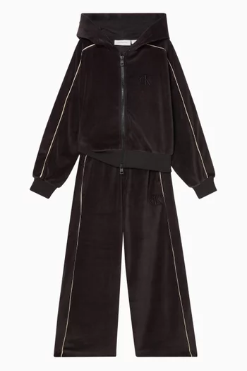 كنزة بغطاء رأس مخمل بسحّاب وأشرطة بارزة 