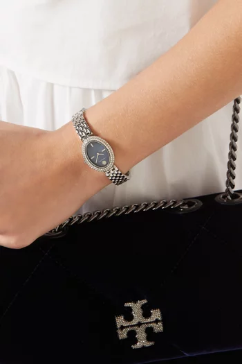 ساعة بيضاوية كوارتز مرصعة بكريستال بافيه ستانلس ستيل، 22 × 28 مم