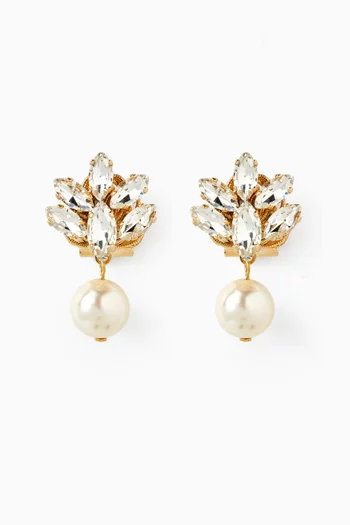 Omega Pearl & Crystal Drop Earrings in Gold-plated Brass