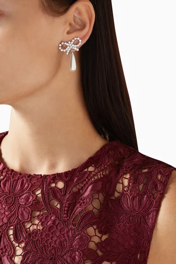 Bow Pearl Crystal Earrings in Silver-plated Brass