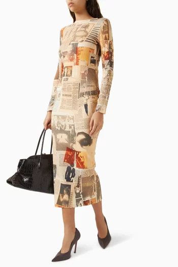 Journal-print Midi Dress in Ribbed-cotton