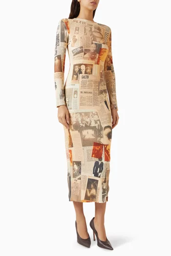 Journal-print Midi Dress in Ribbed-cotton
