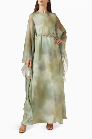 Tie-dye Print Beaded-belt Kaftan