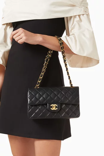 حقيبة كلاسيكية صغيرة بغطاء قلاب مزدوج من الثمانينيات جلد ماعز