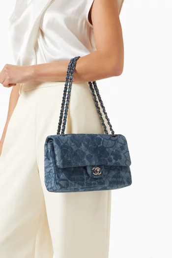 2016 Camellia Printed Medium Double Flap Shoulder Bag in Denim